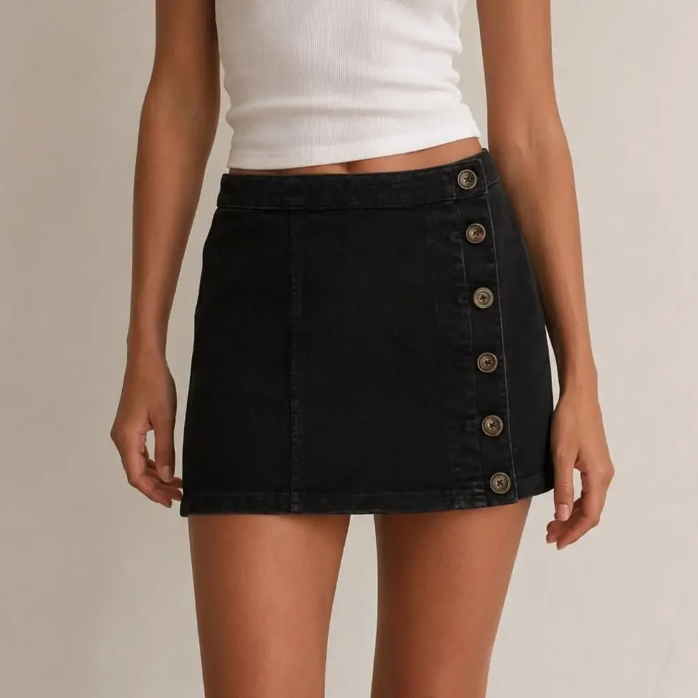 Wishlist Jeans Black Button Front Mini Skirt Retro Coquette Prep Size Large
